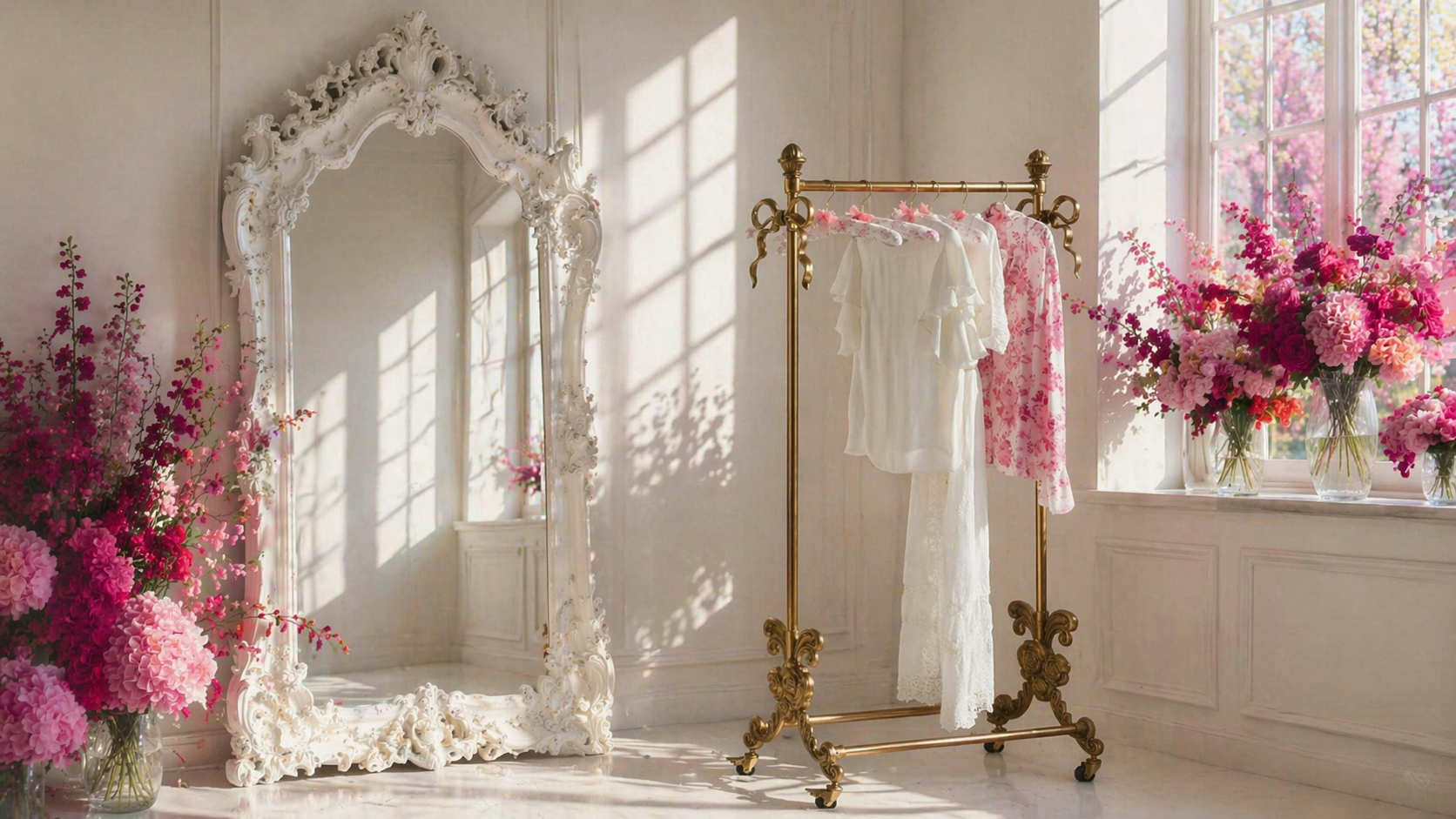 Garment rack, mirror & florals